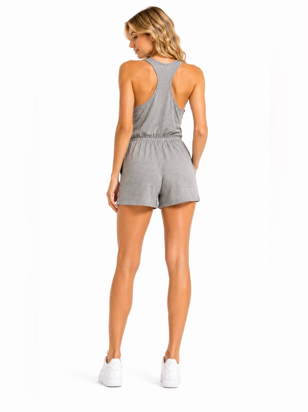 Gilly Hicks Gray Plunge Racerback Romper Ruched Drawstring | NWT Size S - Picture 3 of 16